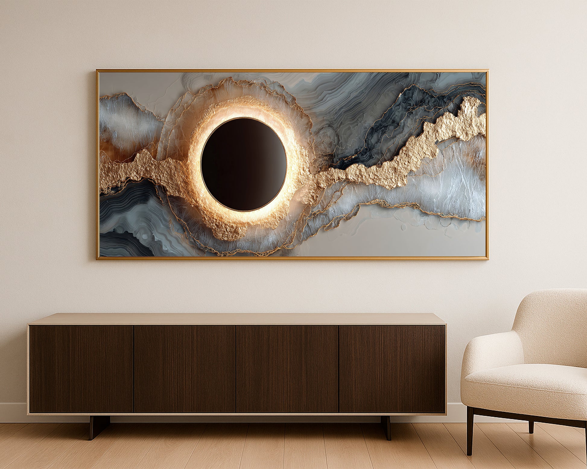 Statement panoramic wall decor showing an eclipse motif embedded in flowing mineral textures with rich gold and neutral contrast