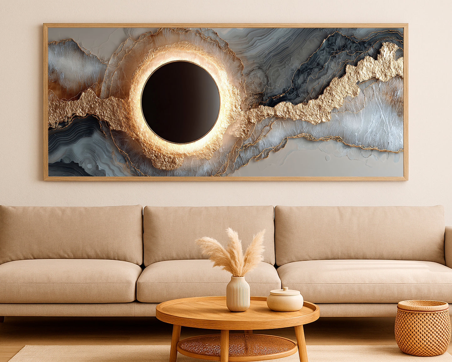 Contemporary abstract artwork with layered geode formations, a luminous central ring, and elegant charcoal and cream tones
