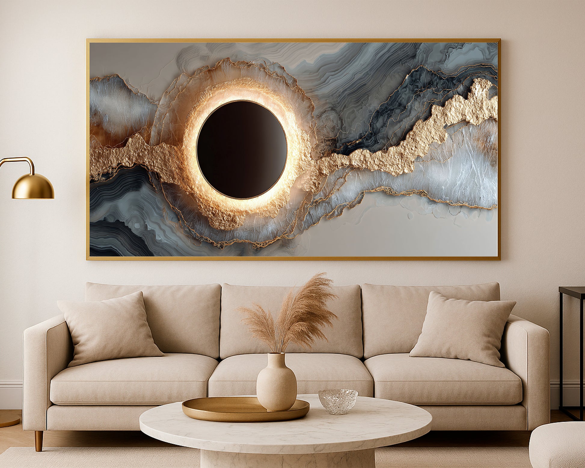 Wide abstract wall art featuring a glowing circle, gold-textured mineral bands, and soft marbled neutral gradients