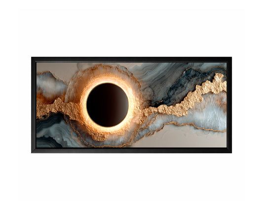 Panoramic geode eclipse abstract wall art with a glowing central circle, layered stone-like textures, and gold mineral detailing