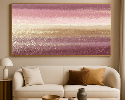 Wide abstract artwork featuring blush pink bands, warm gold speckles, ivory highlights, and burgundy tones.