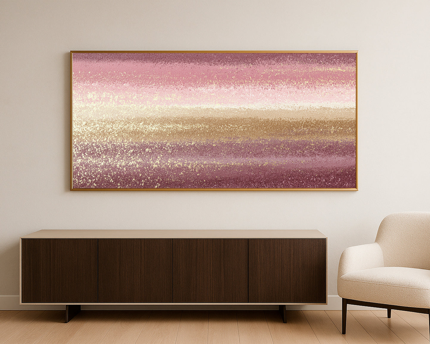 Panoramic pink and gold abstract print with soft layered texture and elegant horizontal movement.
