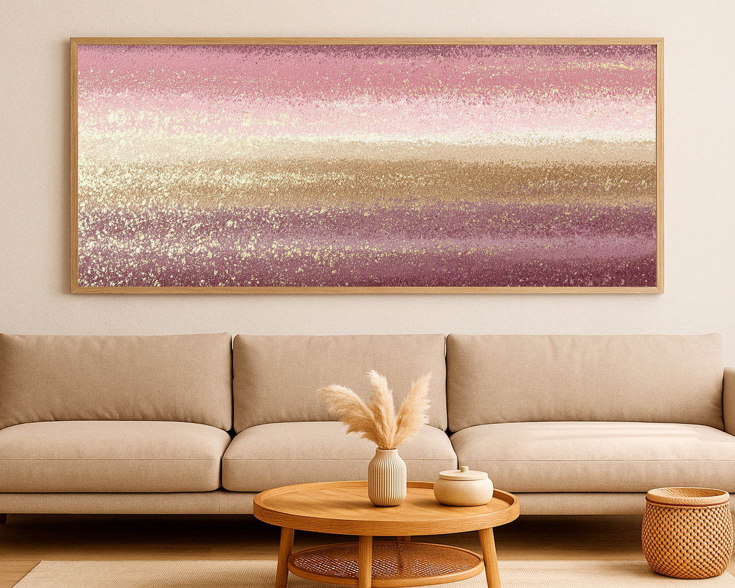 Refined abstract wall art with blush, cream, burgundy, and gold speckled details in a wide composition.