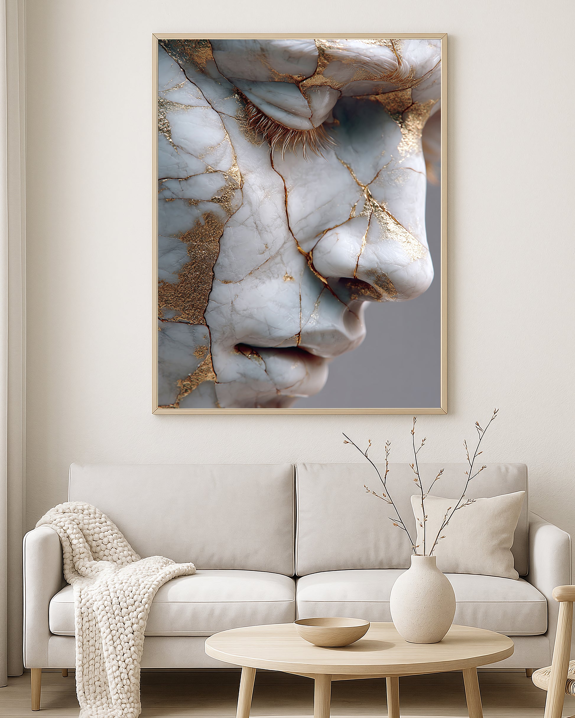 Sculptural portrait artwork showing a serene marble face profile with warm gold fissure accents.