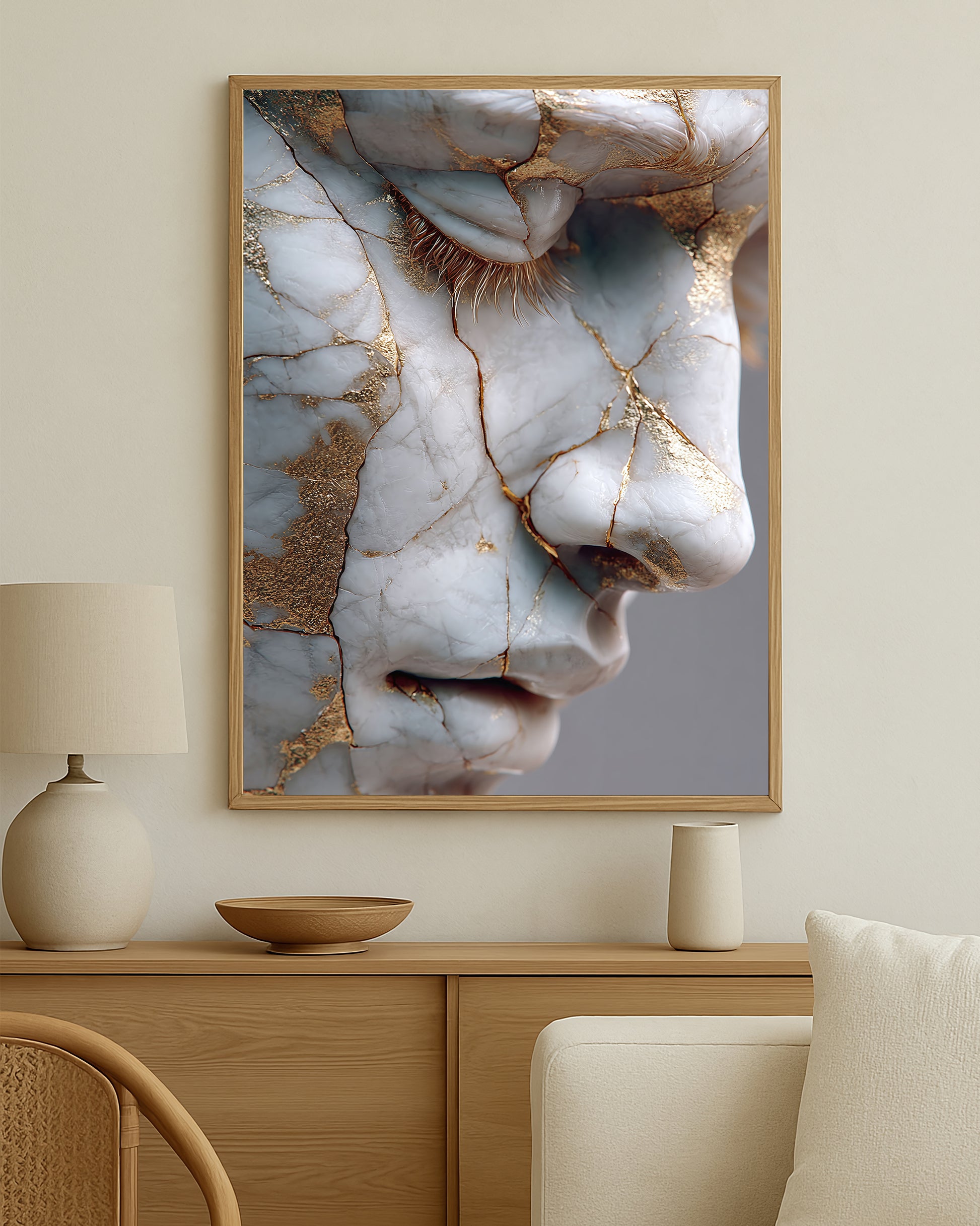 Close-up abstract face print with white cracked marble texture, gold details, and calm neutral background.