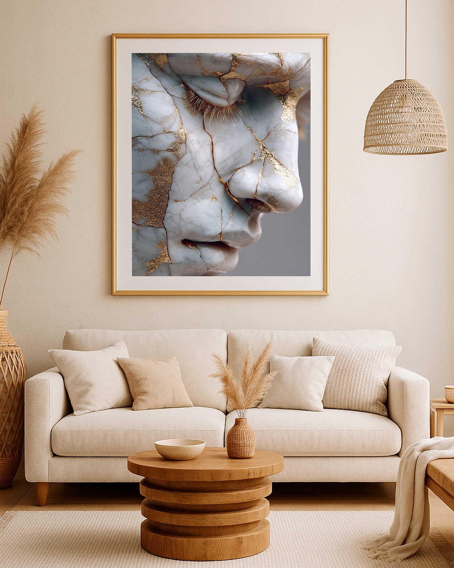 Elegant stone face wall art focused on the eye, nose, lips, and metallic gold surface cracks.