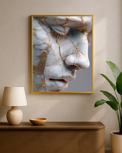 Refined marble portrait artwork with delicate lashes, white-gray stone texture, and luxury gold accents.