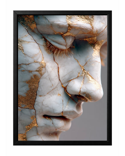 Marble face close-up wall art with closed eye, detailed lashes, gold cracks, and soft white stone texture.