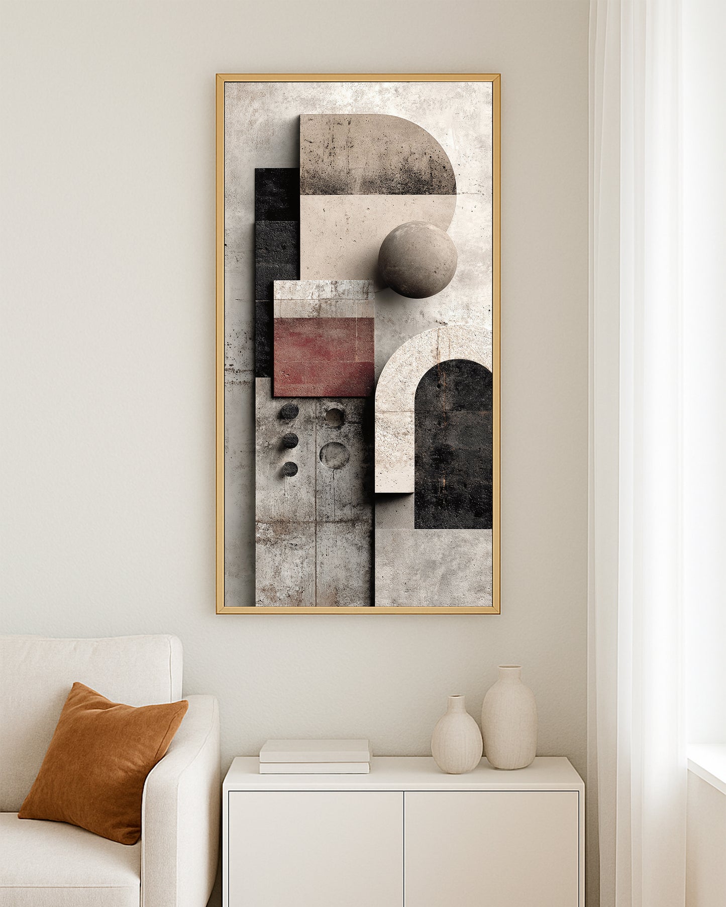 Abstract architectural printable artwork with layered shapes and terracotta accents