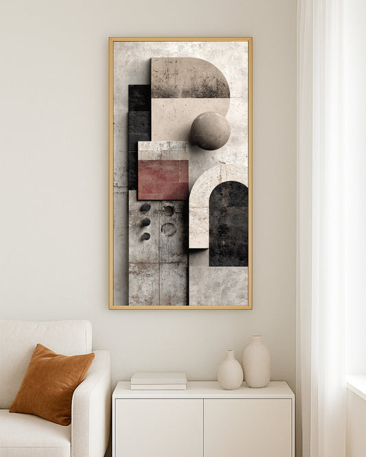 Abstract architectural printable artwork with layered shapes and terracotta accents