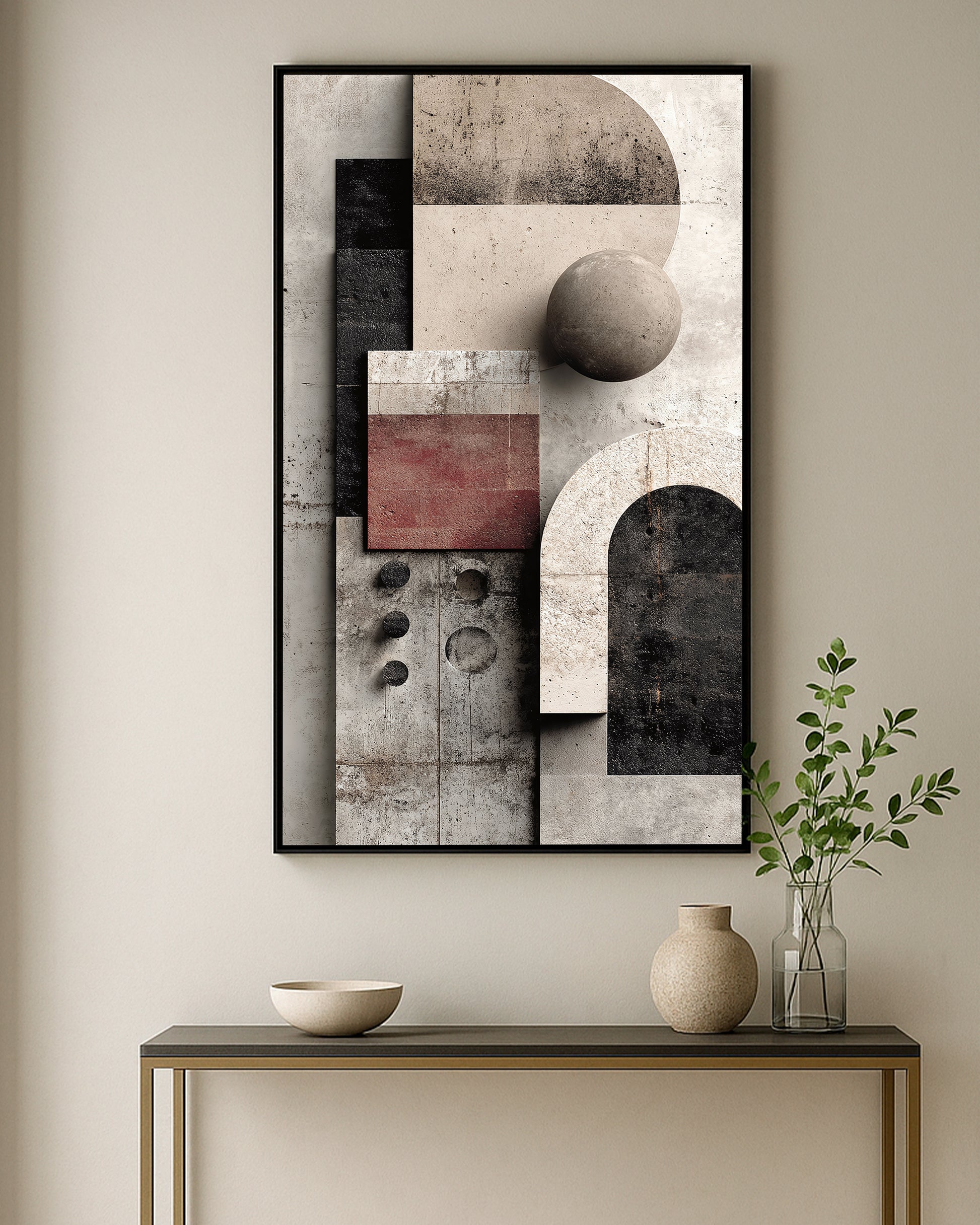 Neutral Japandi wall decor featuring geometric arches and textured modern composition