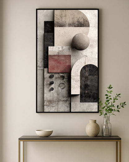 Neutral Japandi wall decor featuring geometric arches and textured modern composition