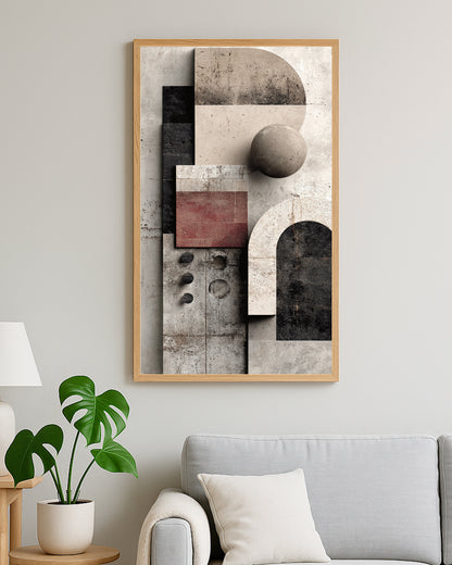 Vertical minimalist abstract print with sculptural forms and earthy tones