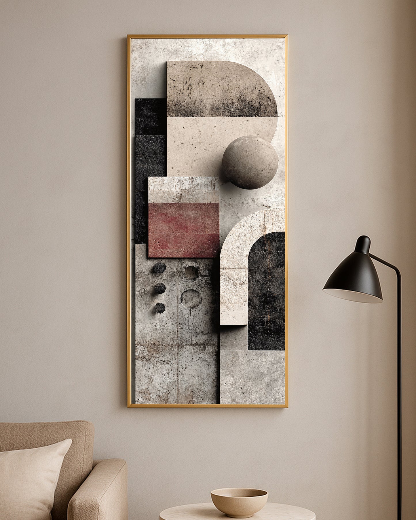 Contemporary geometric wall art with textured surfaces and organic abstract design