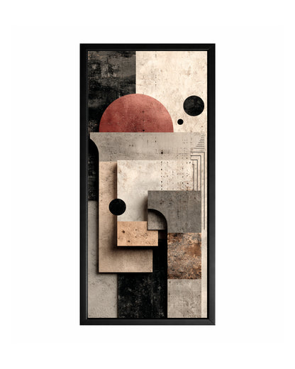 Neutral geometric abstract wall art with textured circles and architectural shapes