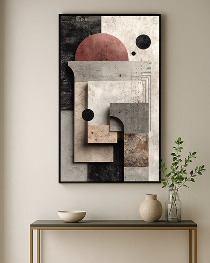 Vertical abstract decor with minimalist geometric composition and textured details