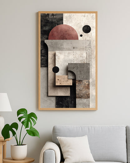 Contemporary wall print with arches, circles, and neutral textured surfaces