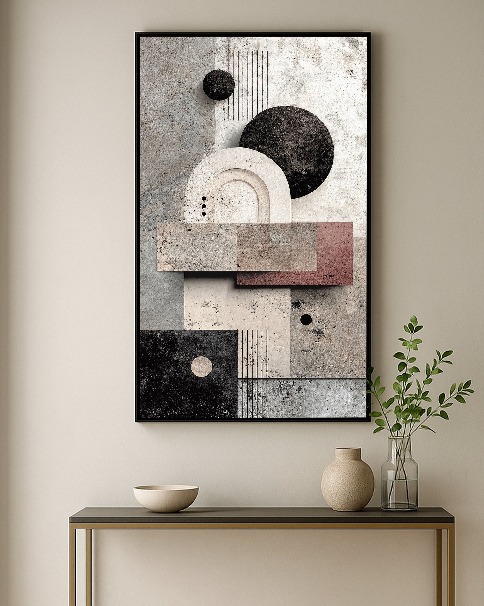Japandi abstract print with circular forms and textured surfaces