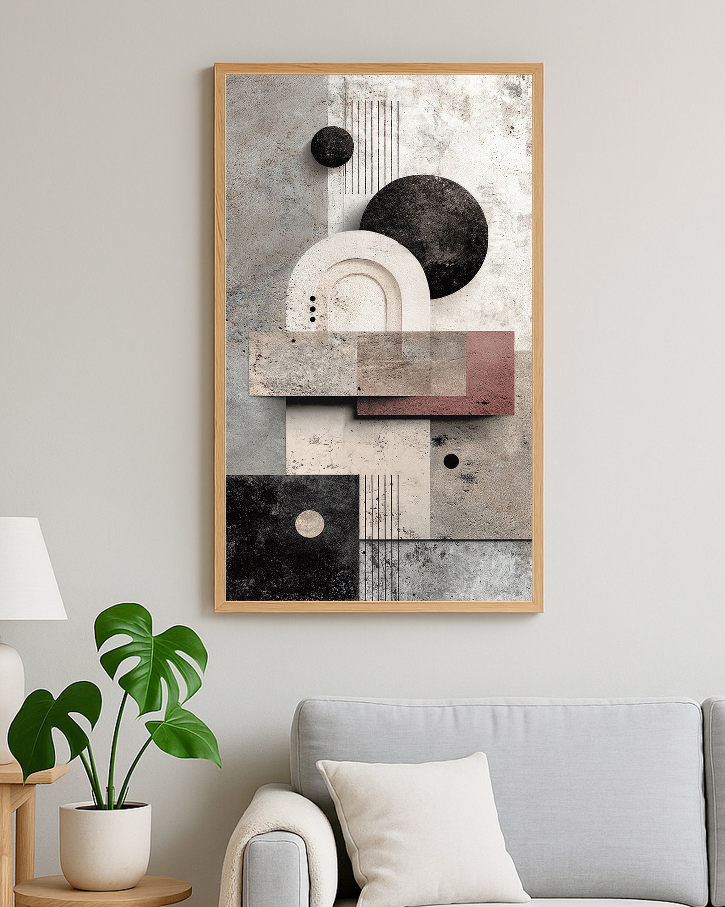 Vertical geometric wall decor with soft neutral palette and modern composition