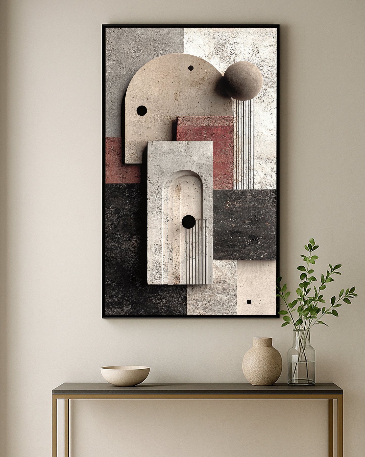 Contemporary neutral wall decor with geometric textures and earthy colors