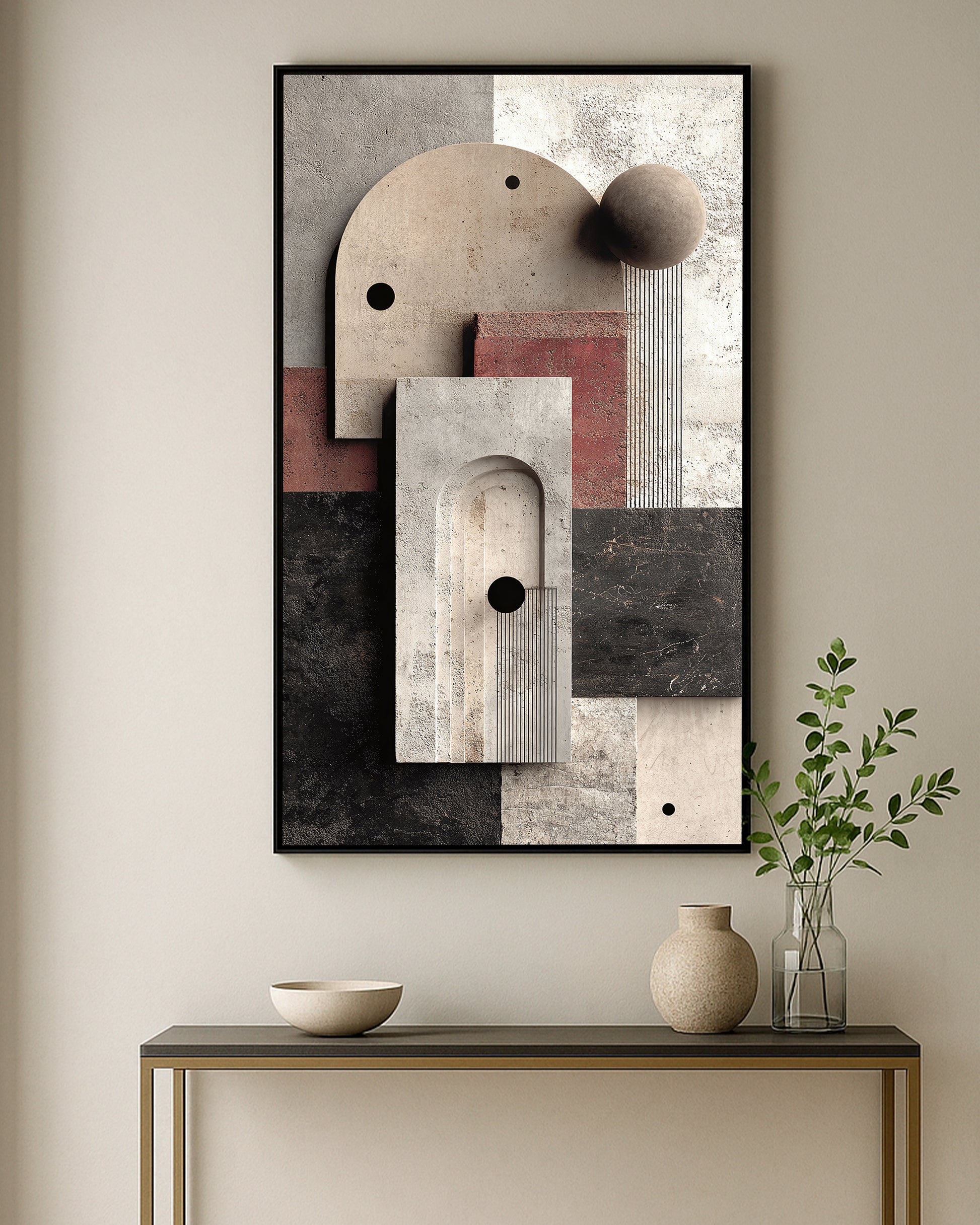 Contemporary neutral wall decor with geometric textures and earthy colors