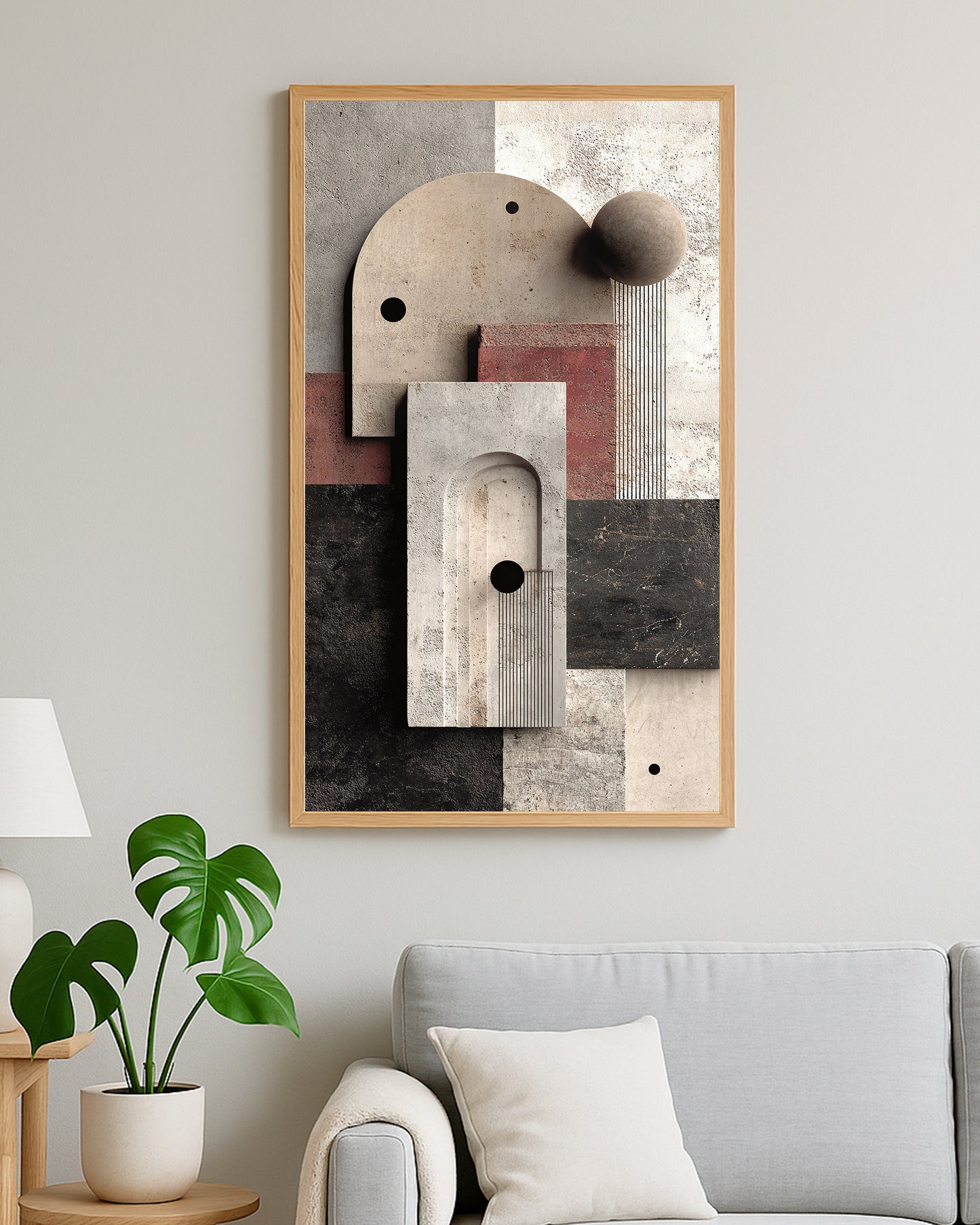 Vertical abstract print with arches, circles, and modern sculptural shapes