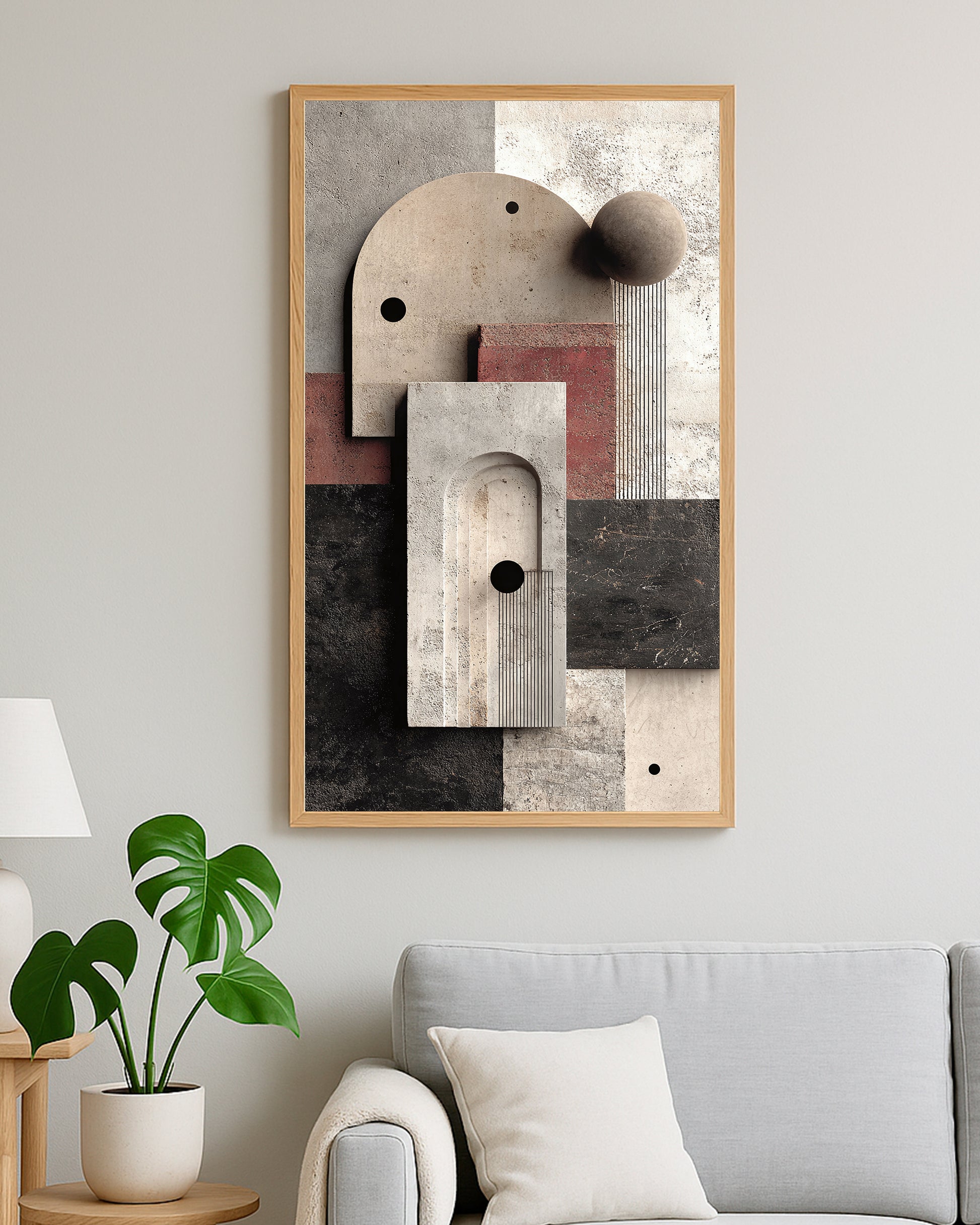 Vertical abstract print with arches, circles, and modern sculptural shapes