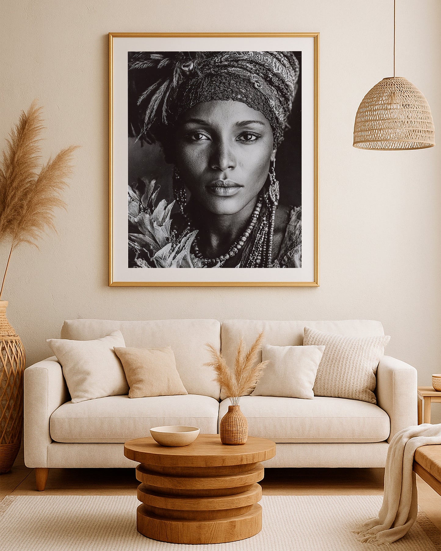 Dramatic black and white portrait with textured headwrap, floral elements, and refined editorial lighting.