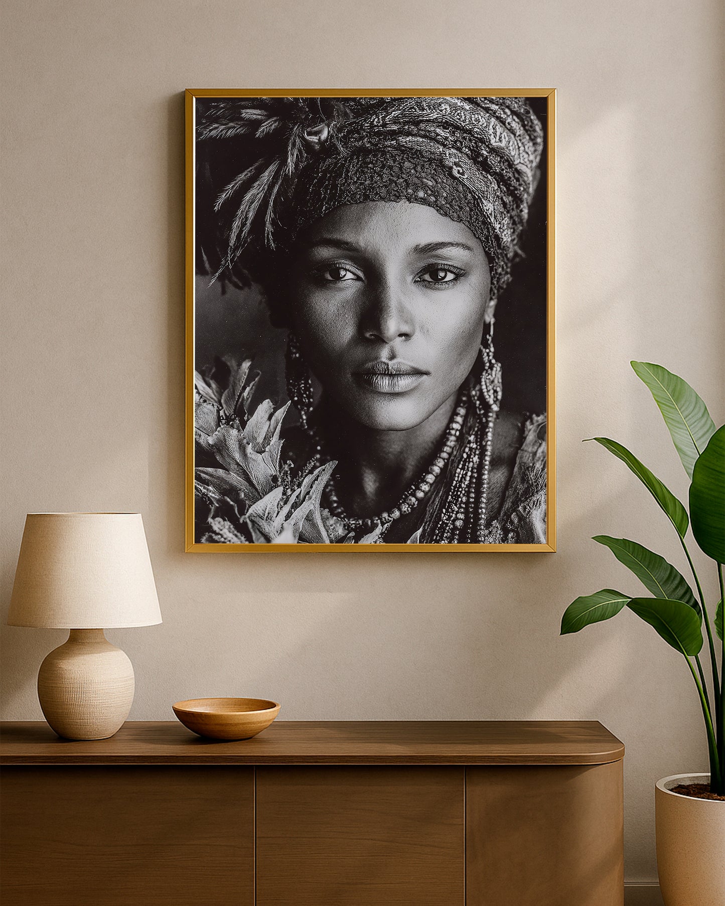 Elegant woman portrait print featuring detailed accessories, expressive eyes, and strong monochrome contrast.