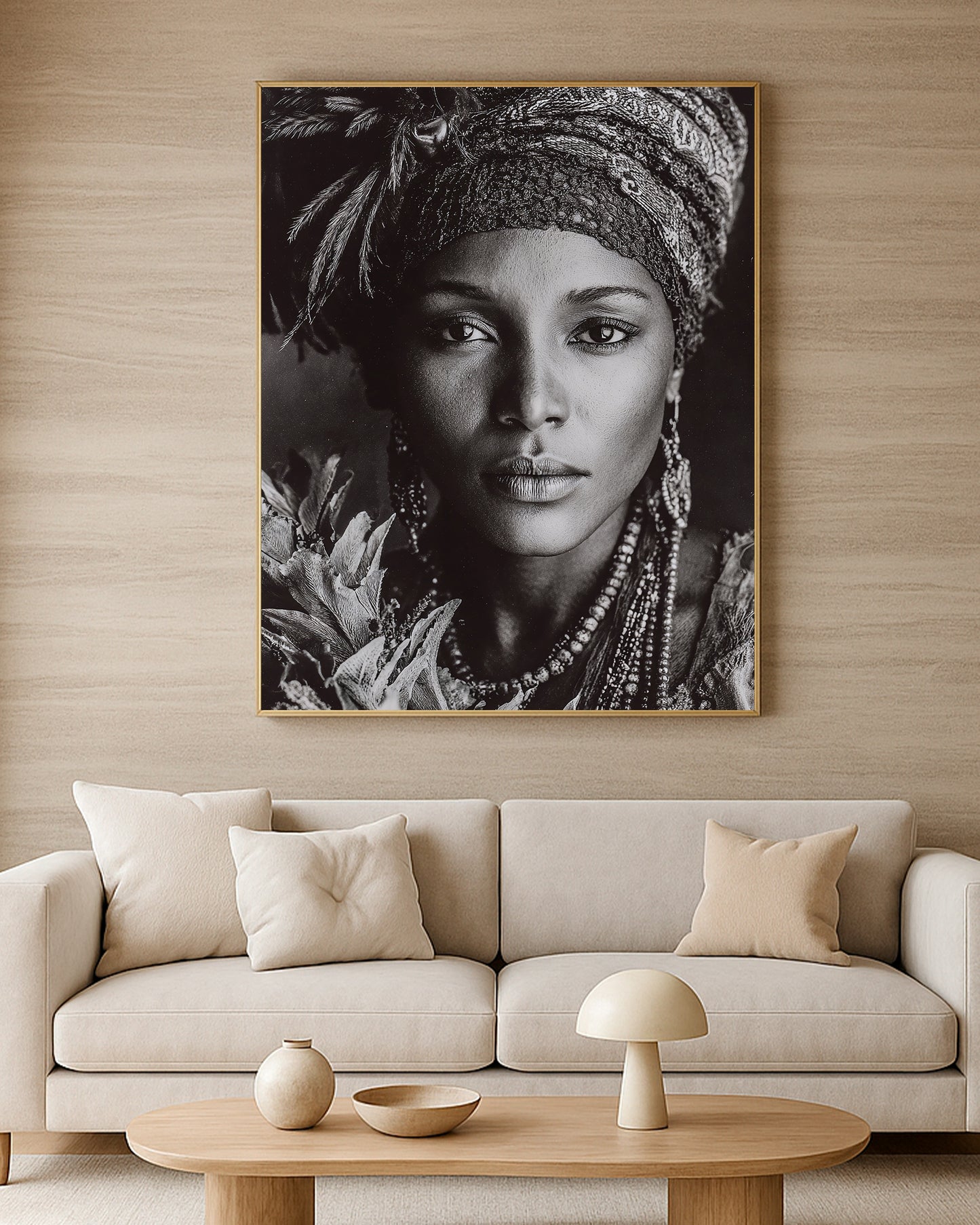 African-inspired portrait artwork with headwrap, beaded jewelry, floral details, and dark fine art background.