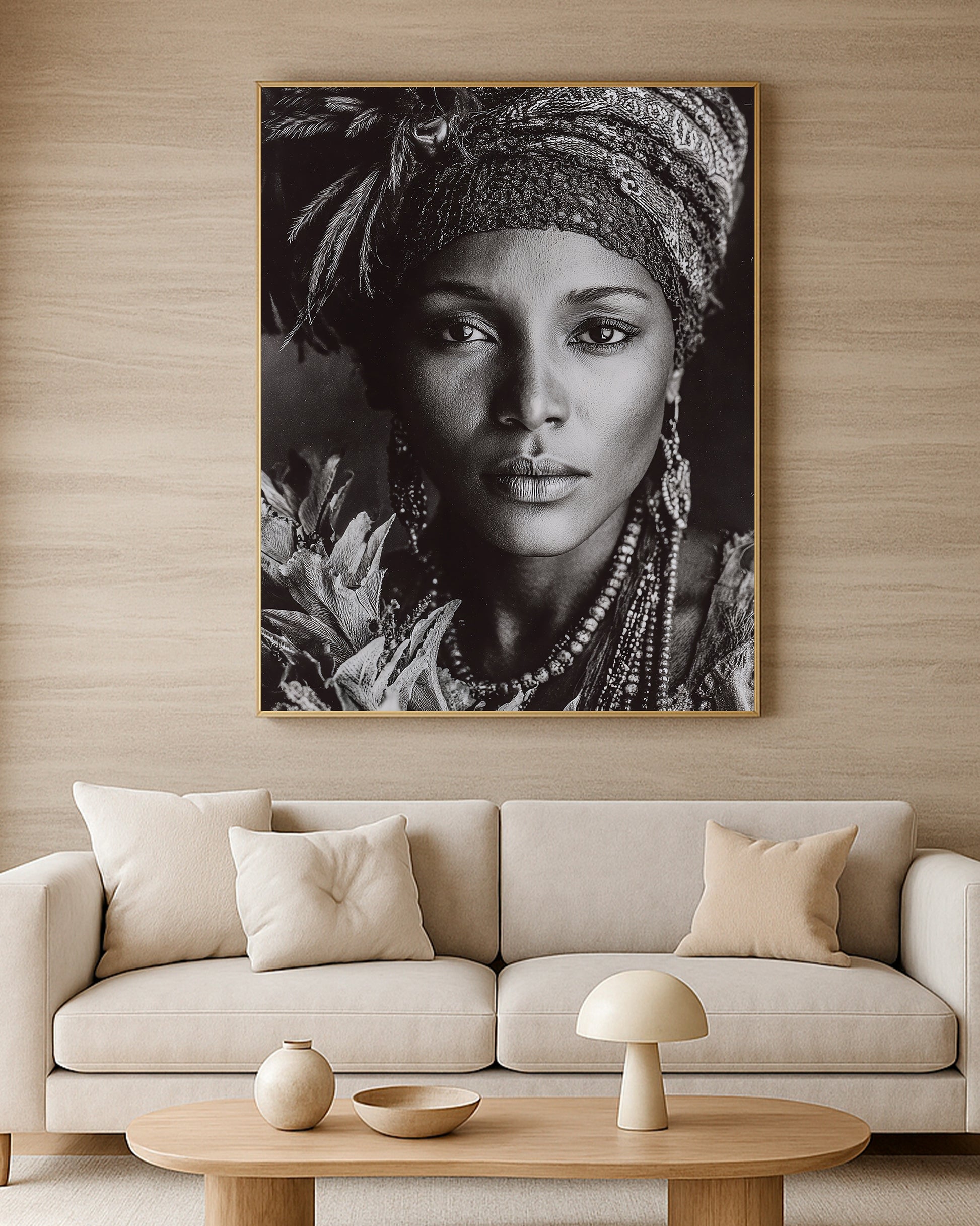 African-inspired portrait artwork with headwrap, beaded jewelry, floral details, and dark fine art background.