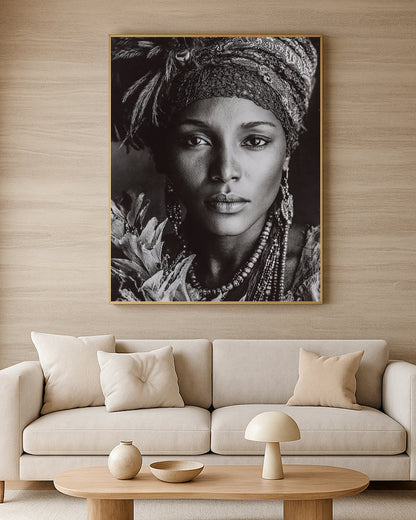 African-inspired portrait artwork with headwrap, beaded jewelry, floral details, and dark fine art background.