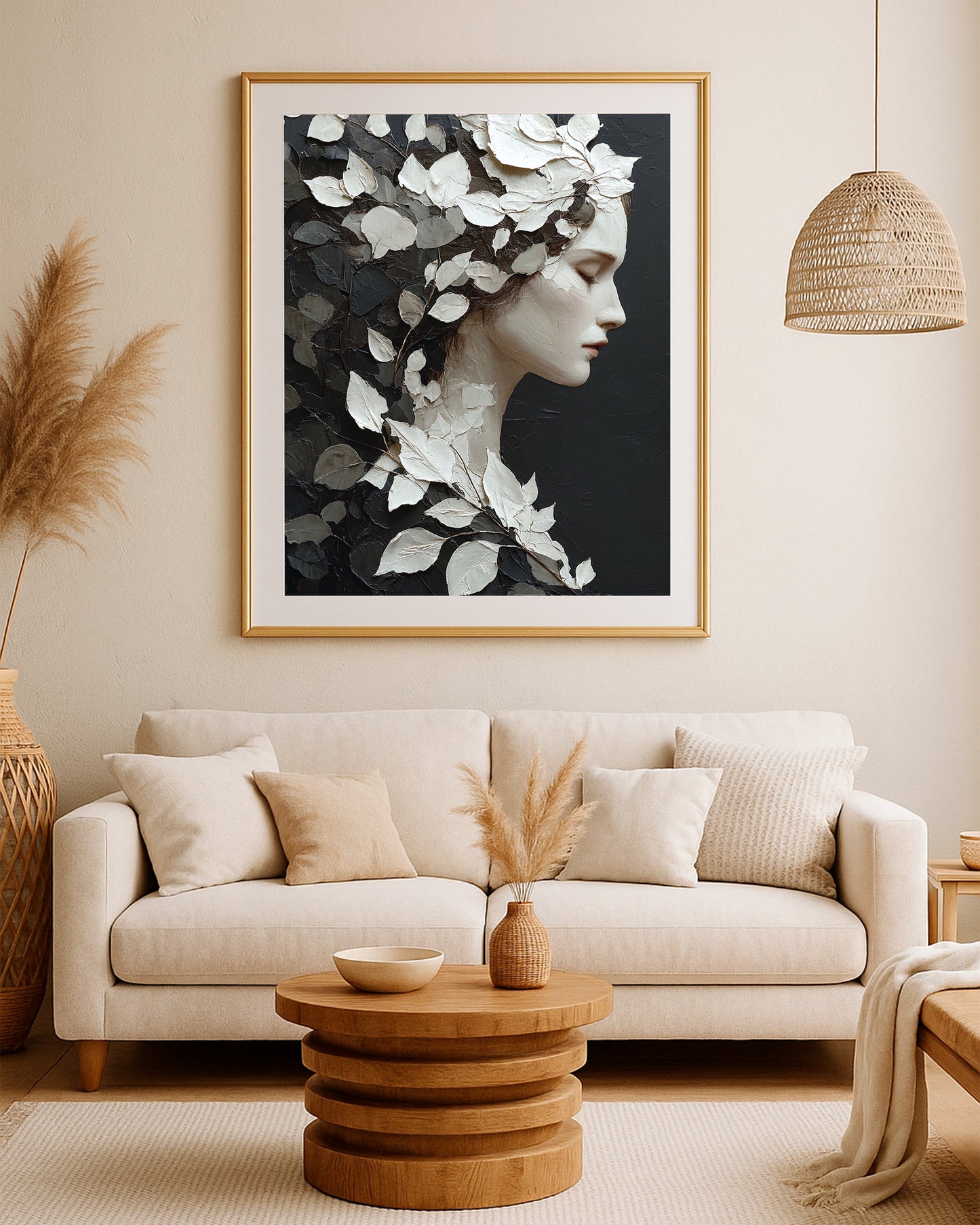 Black and white botanical portrait artwork with sculptural leaf details and a calm female profile.