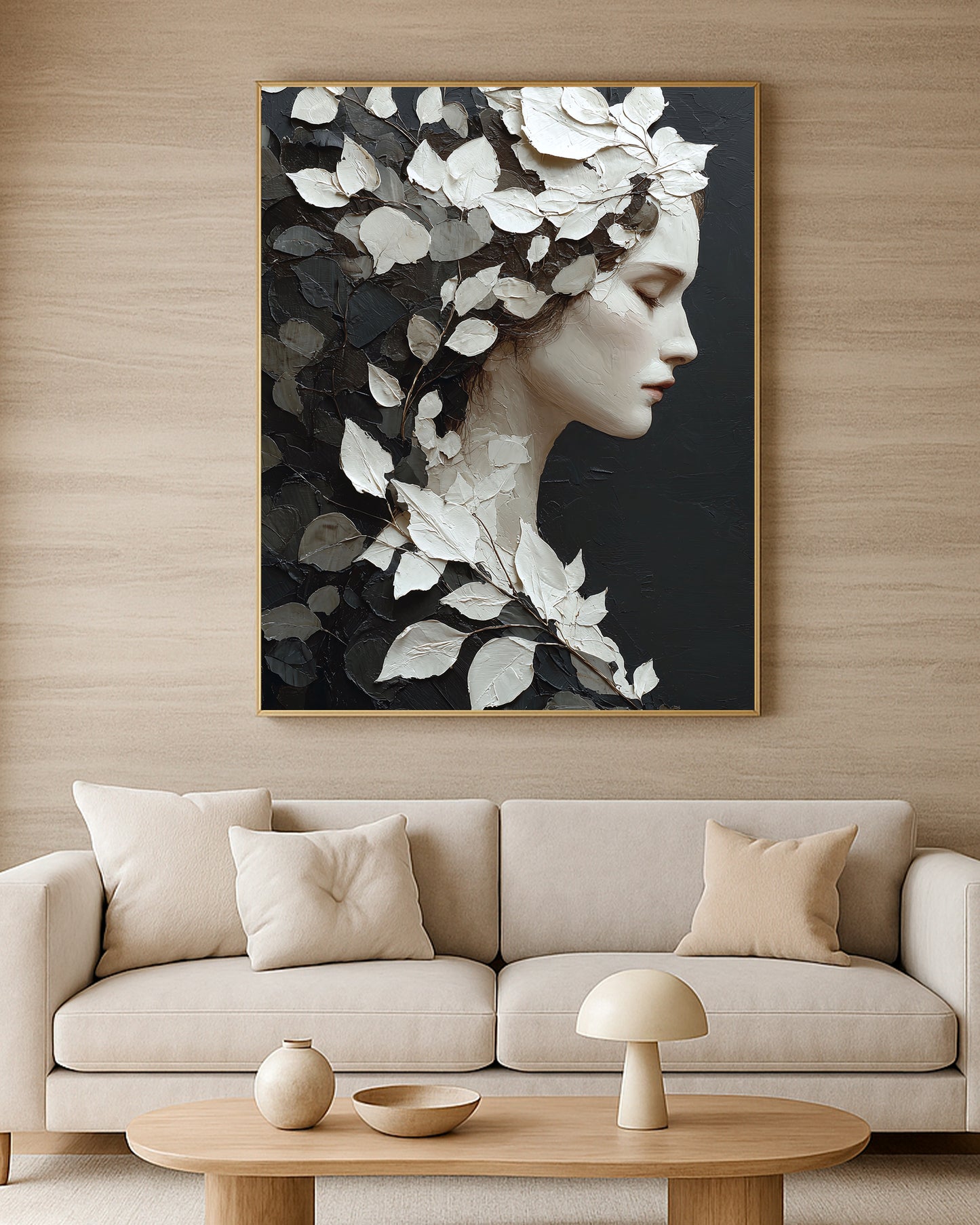 Elegant botanical female portrait with monochrome leaves, soft profile features, and dark refined background.