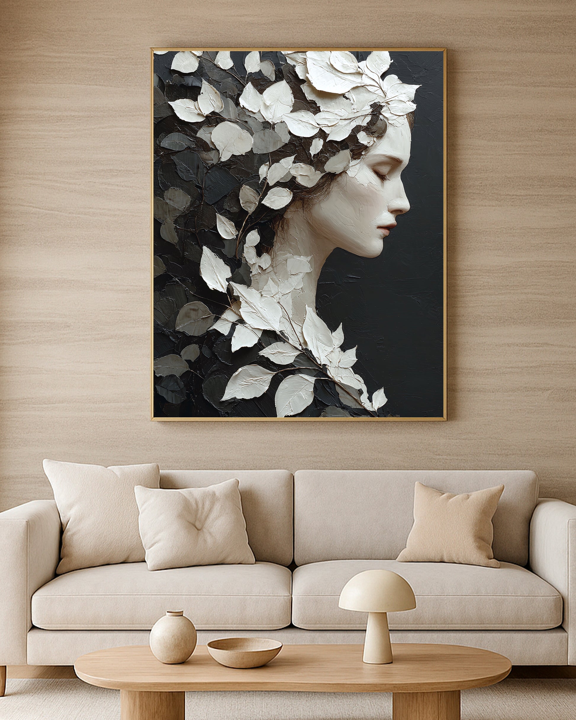 Elegant botanical female portrait with monochrome leaves, soft profile features, and dark refined background.