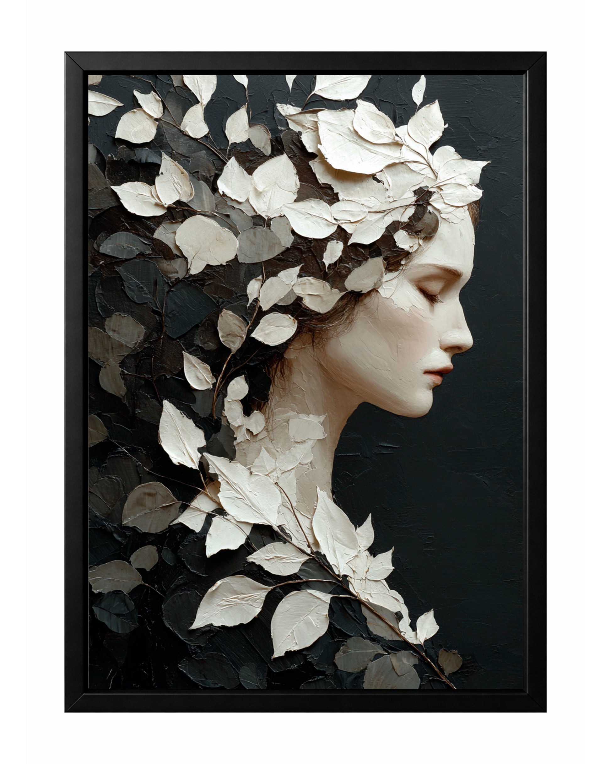Botanical woman profile wall art with white leaves, dark foliage, and a deep black textured background.