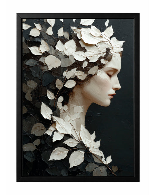 Botanical woman profile wall art with white leaves, dark foliage, and a deep black textured background.