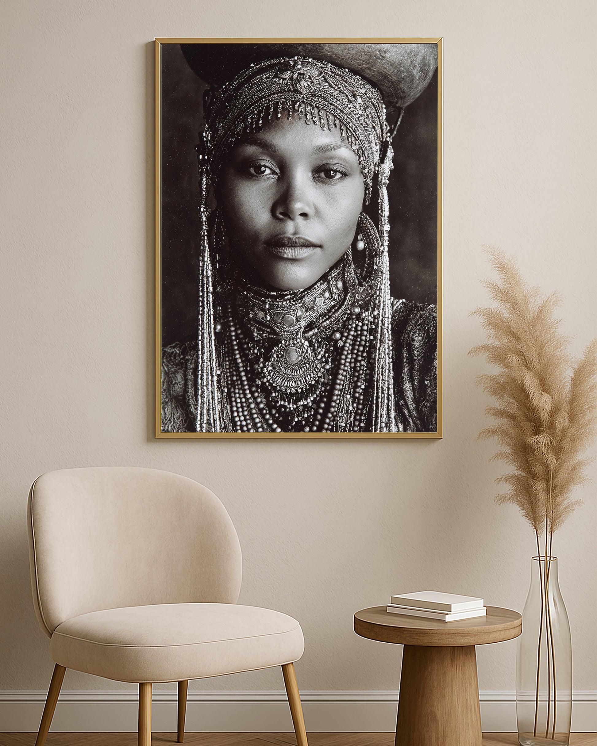 Black and white female portrait wall art featuring detailed beadwork, earrings, headpiece, and direct gaze.