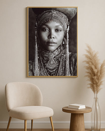 Black and white female portrait wall art featuring detailed beadwork, earrings, headpiece, and direct gaze.