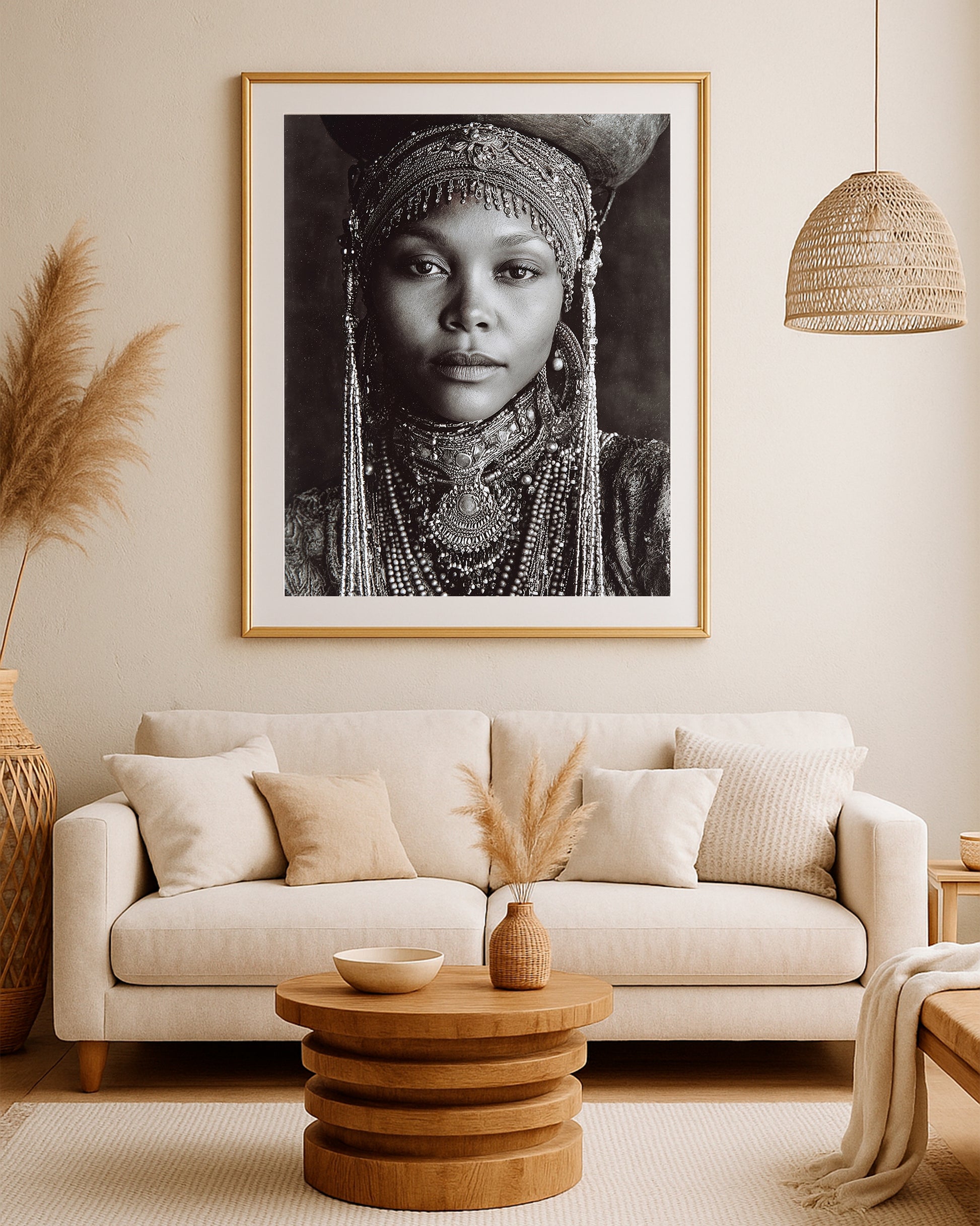 Dramatic woman portrait with traditional-style adornments, layered necklaces, and strong monochrome contrast.