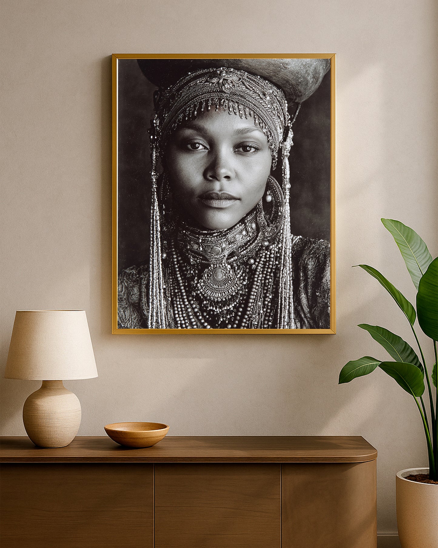 Elegant African-inspired portrait artwork showing a woman with ornate jewelry and refined black and white detail.