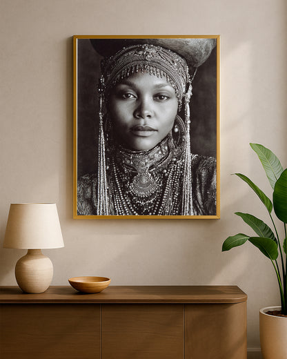 Elegant African-inspired portrait artwork showing a woman with ornate jewelry and refined black and white detail.