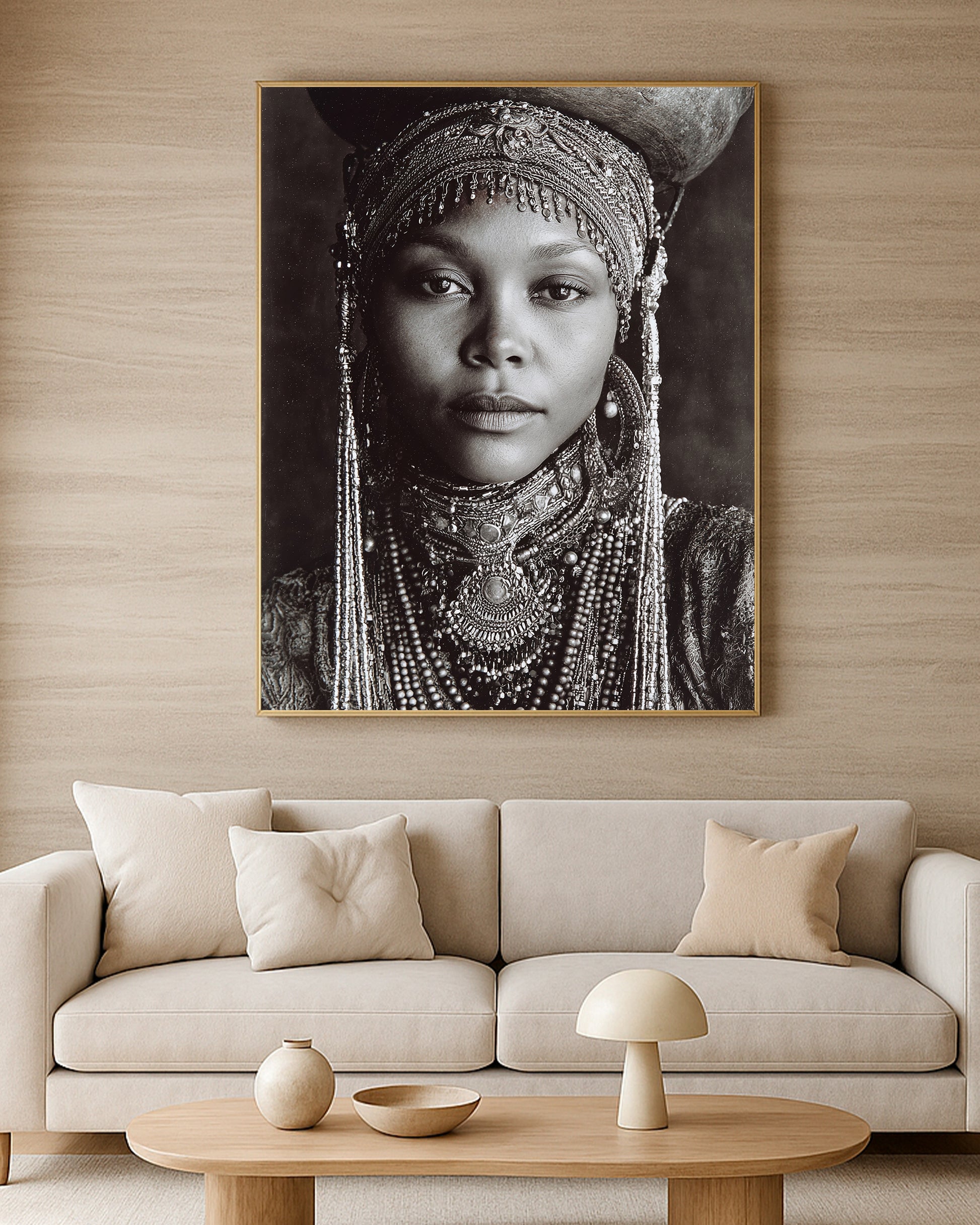 Fine art portrait print with decorative headwear, vessel, beaded accessories, and expressive frontal composition.