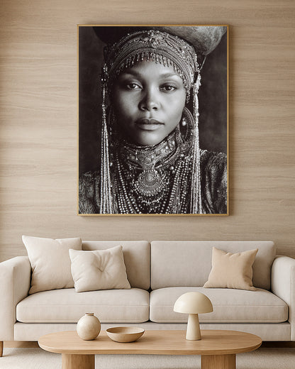 Fine art portrait print with decorative headwear, vessel, beaded accessories, and expressive frontal composition.