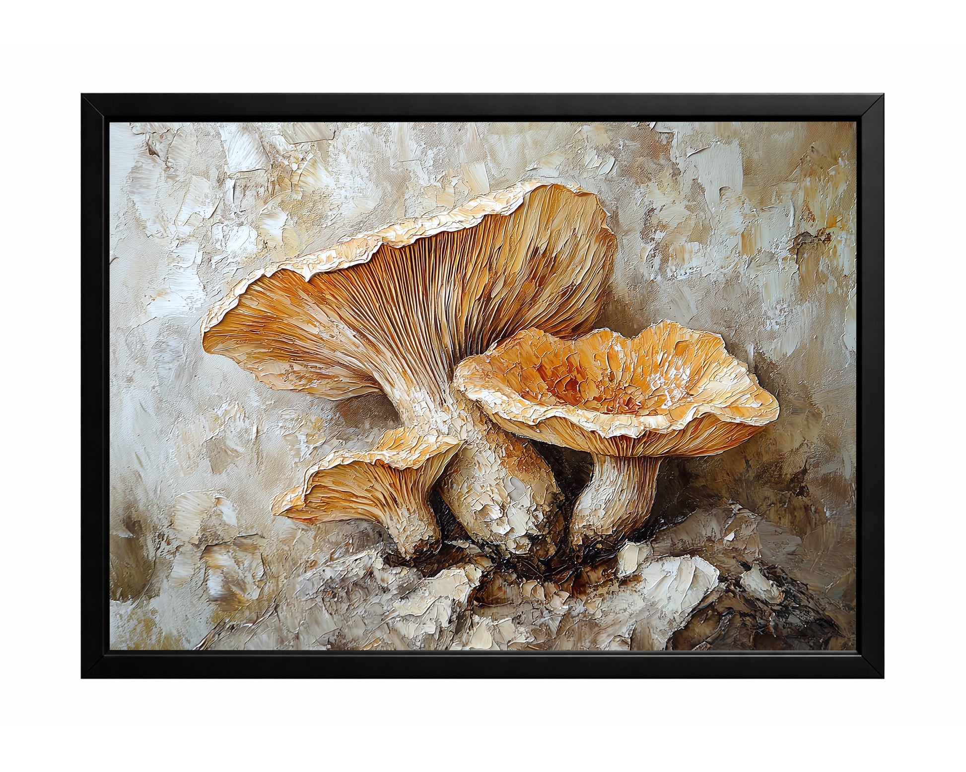 Textured beige mushroom wall art featuring layered caps and detailed gills on a soft neutral background.