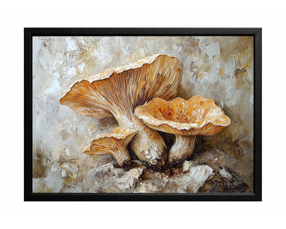Textured beige mushroom wall art featuring layered caps and detailed gills on a soft neutral background.
