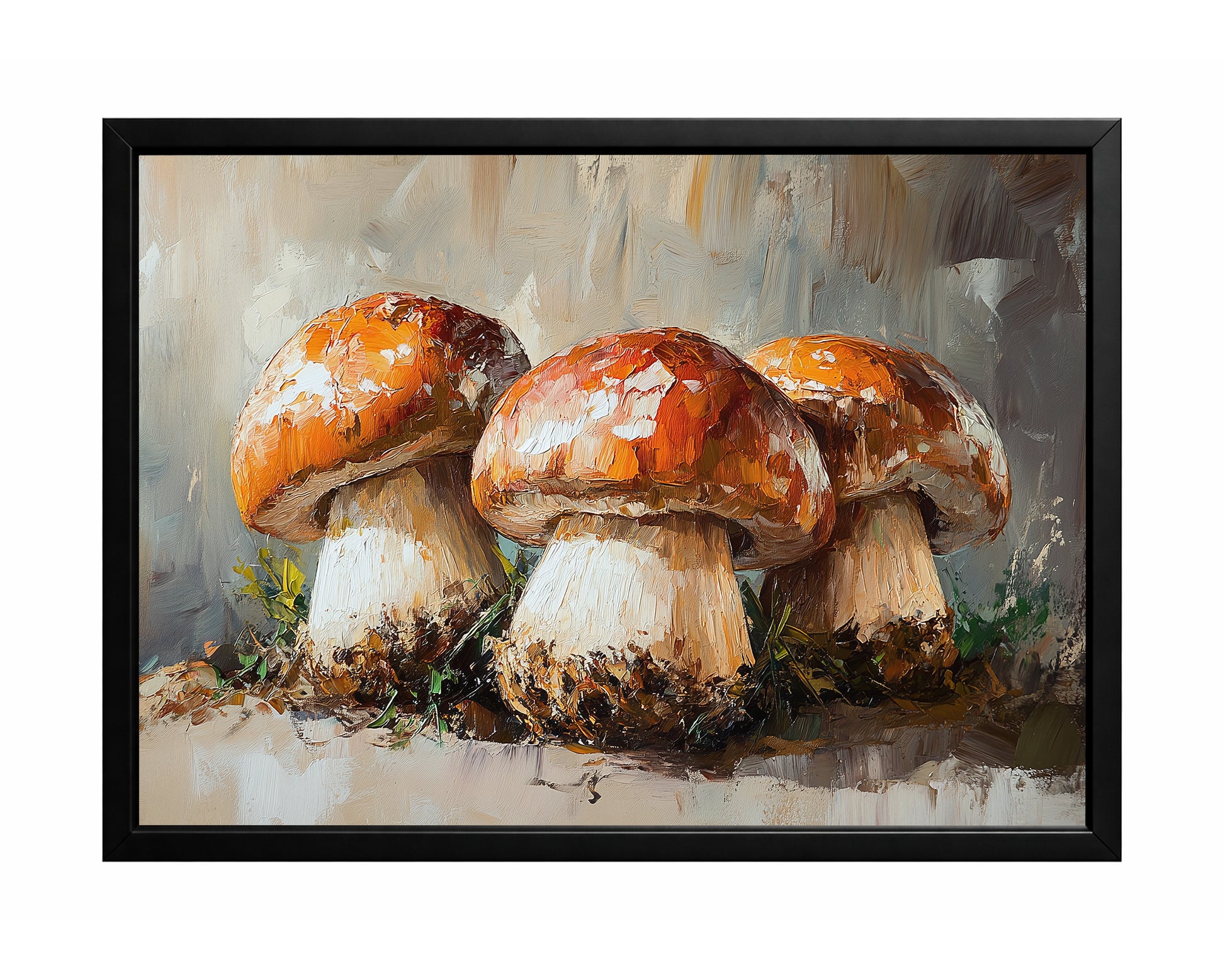 Three orange-brown mushrooms with thick pale stems painted in a textured earthy woodland style.