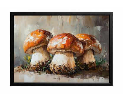 Three orange-brown mushrooms with thick pale stems painted in a textured earthy woodland style.