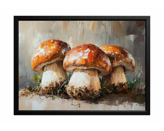 Three orange-brown mushrooms with thick pale stems painted in a textured earthy woodland style.