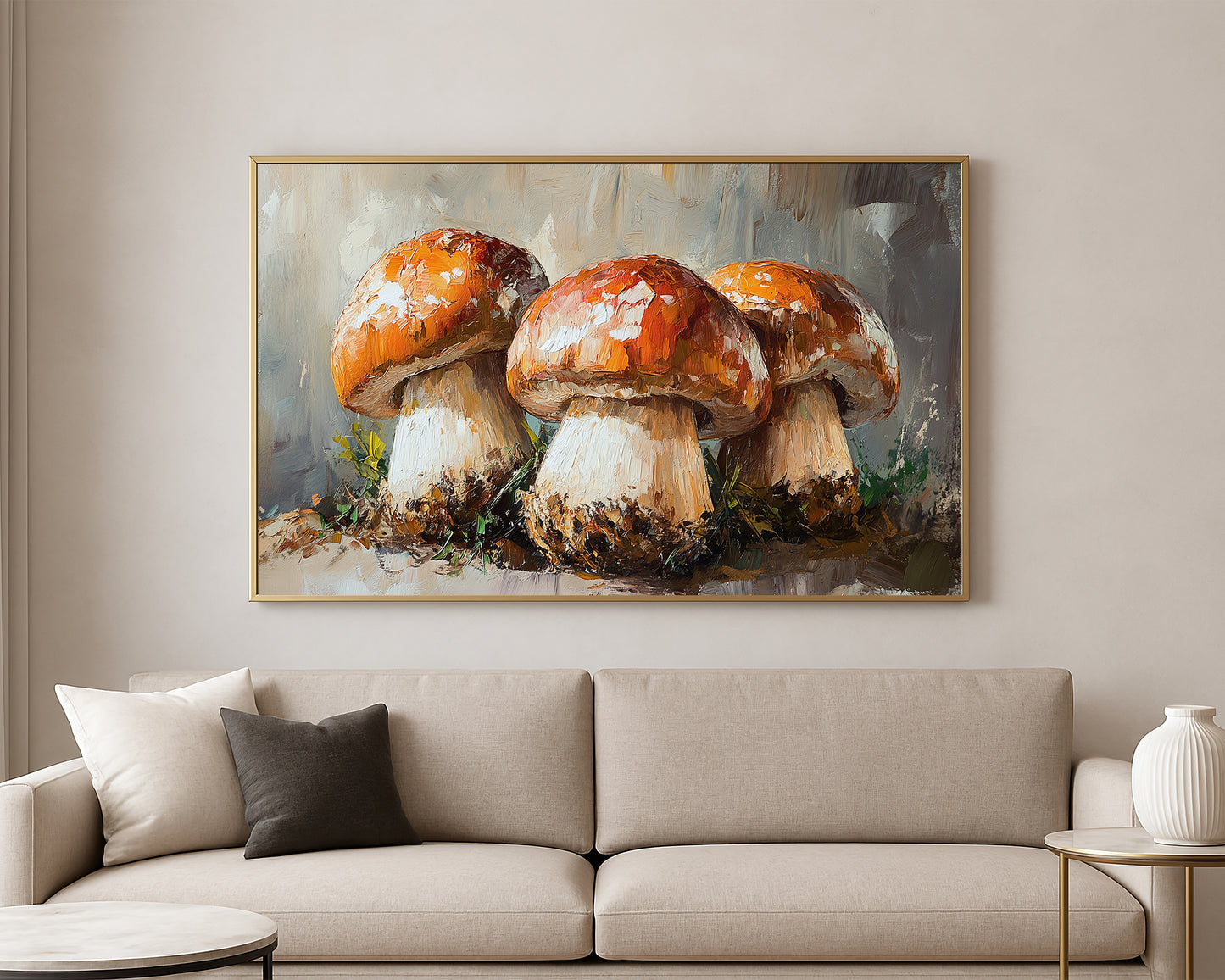 Mushroom wall art featuring a trio of warm rust-colored caps and creamy stems on a soft neutral background.